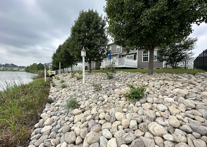 Rock embankment erosion control landscape