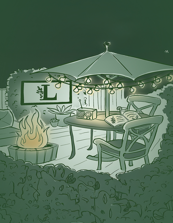 landscape lounge illustrated scene with patio and firepit
