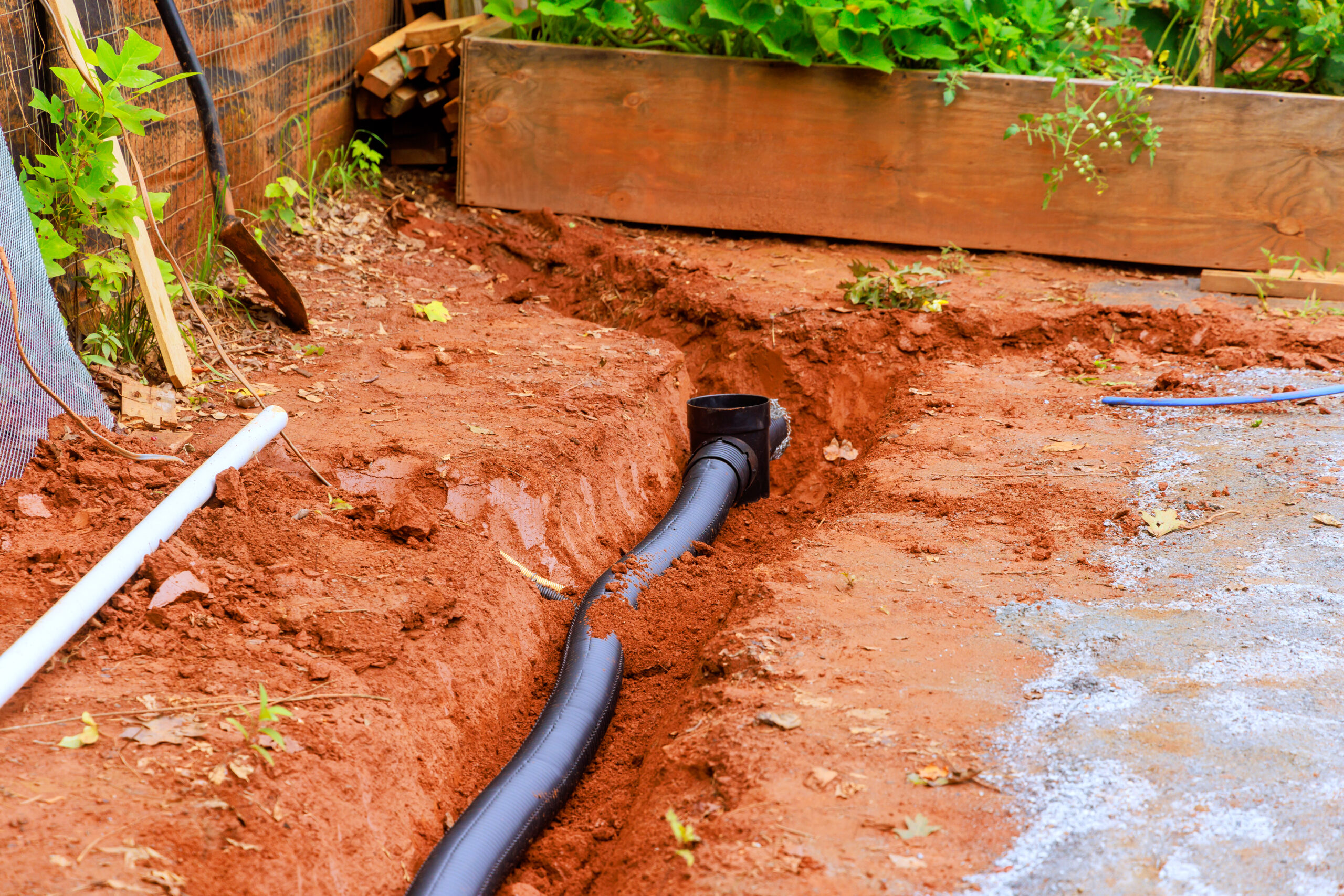 An open trench is dug for the purpose of laying drainage pipes for stormwater